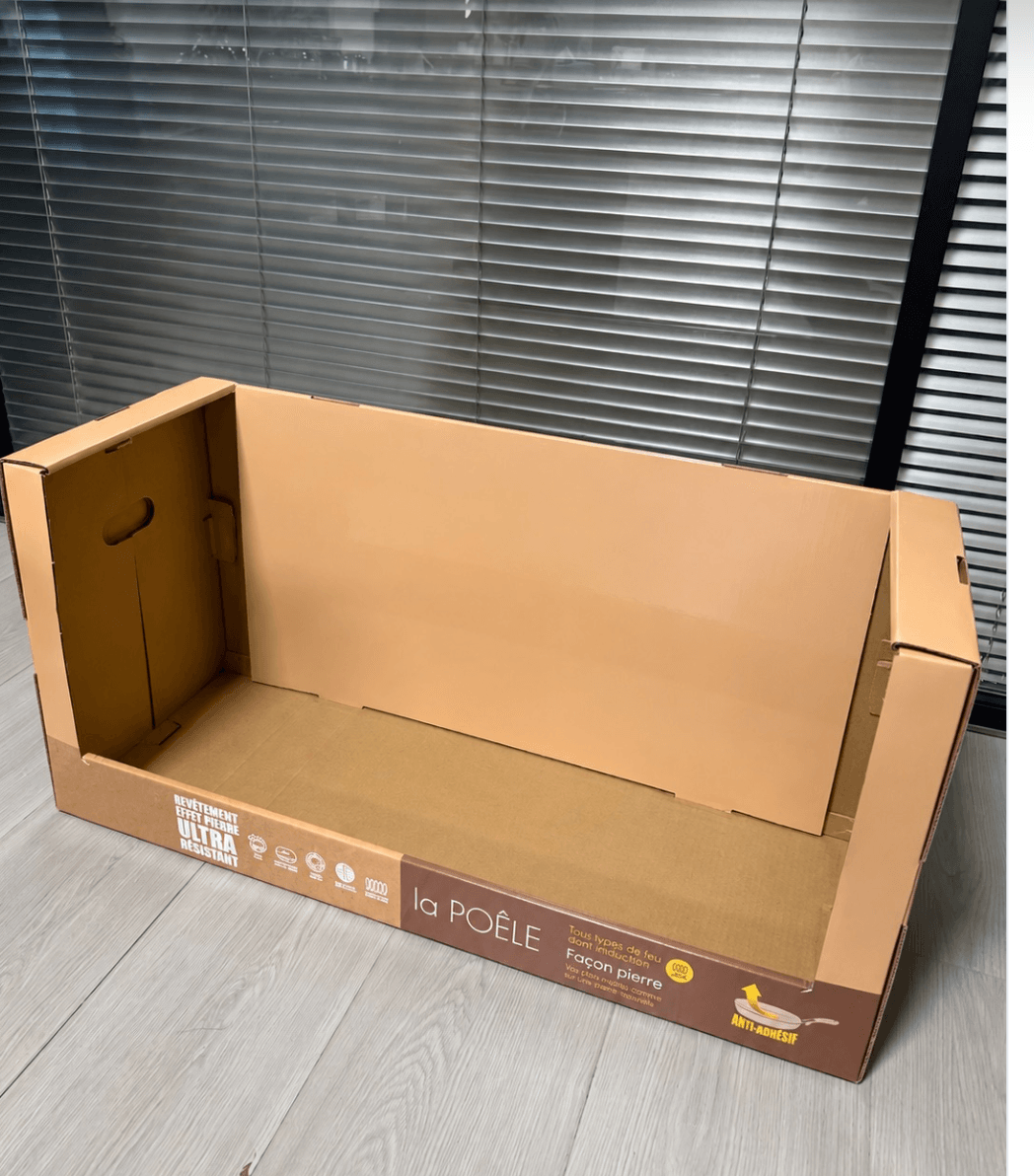 P001 single-tier corrugated cookware floor display for La Poêle, front view