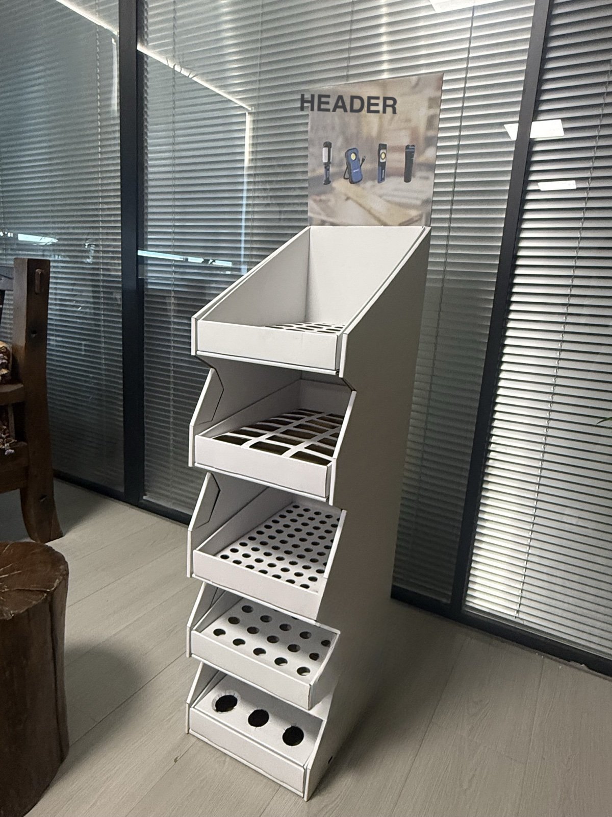 R001 five-tier stepped corrugated floor display for hardware products