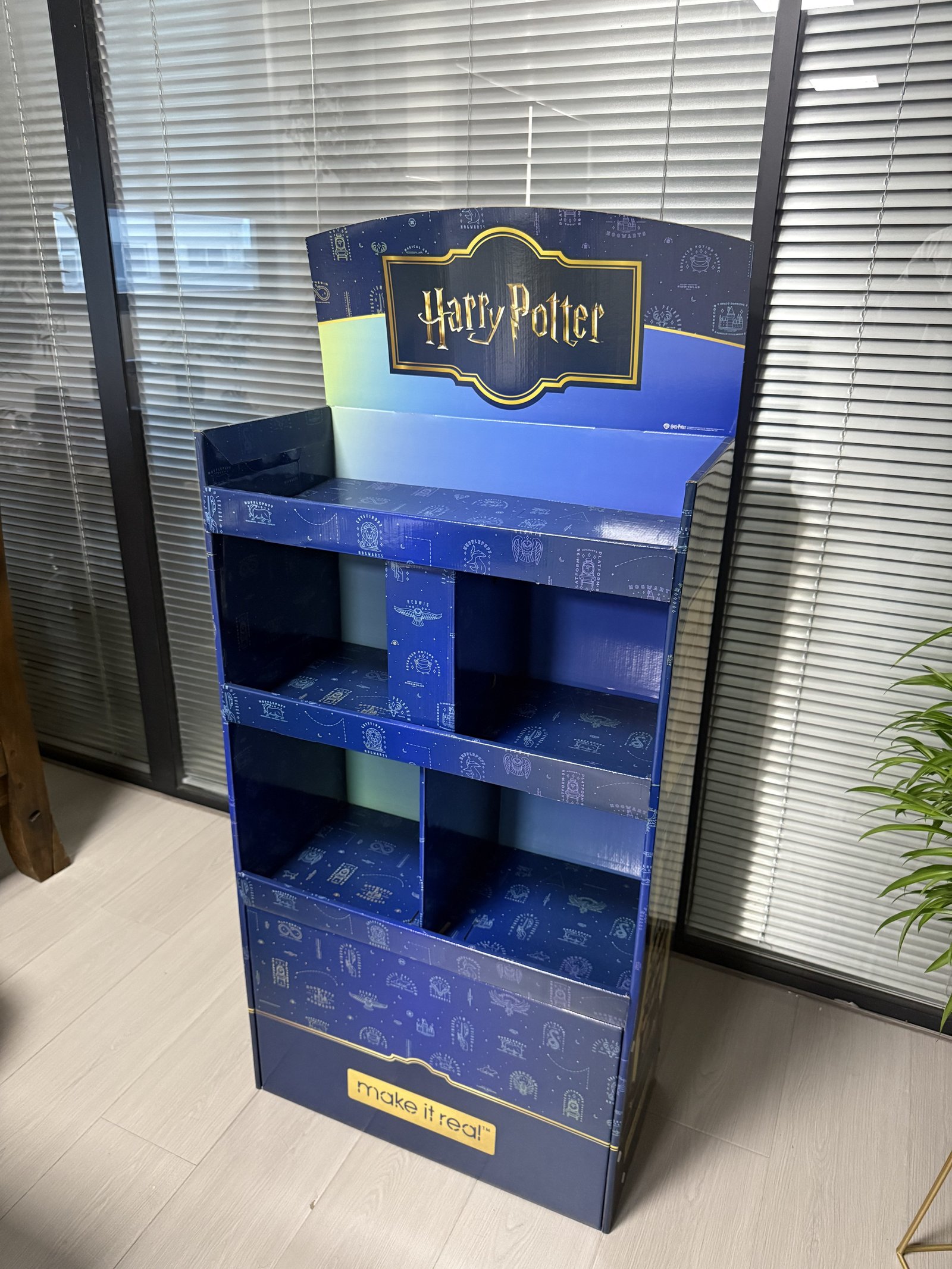 R002 three-tier cubby cardboard floor display stand for toys and stationery, front view