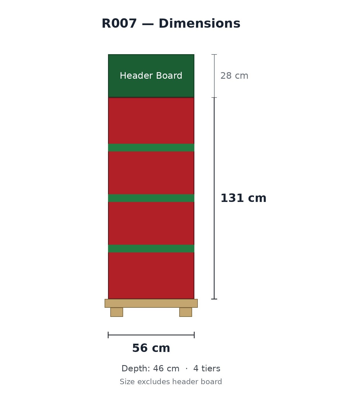 Dimension diagram of R007 Christmas floor display stand 56 by 46 by 131 cm