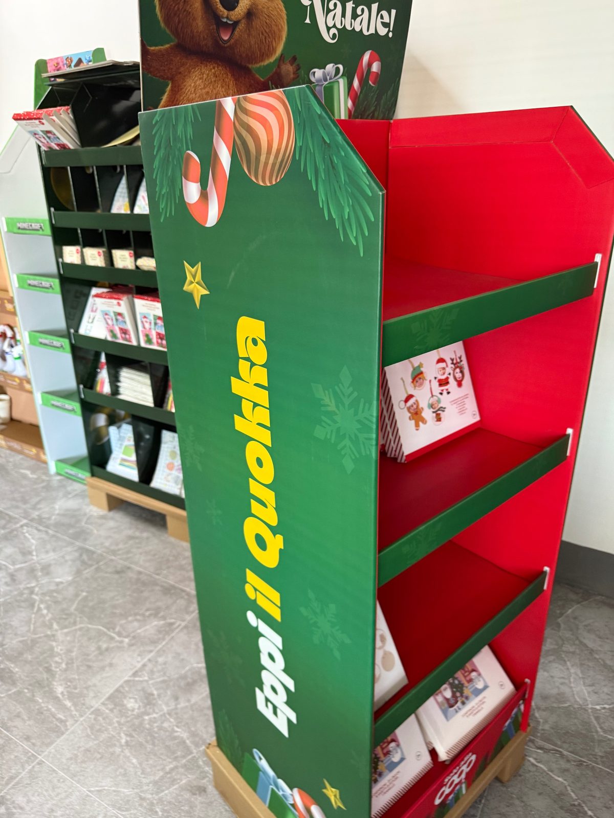 Printed side panel of corrugated Christmas retail floor display