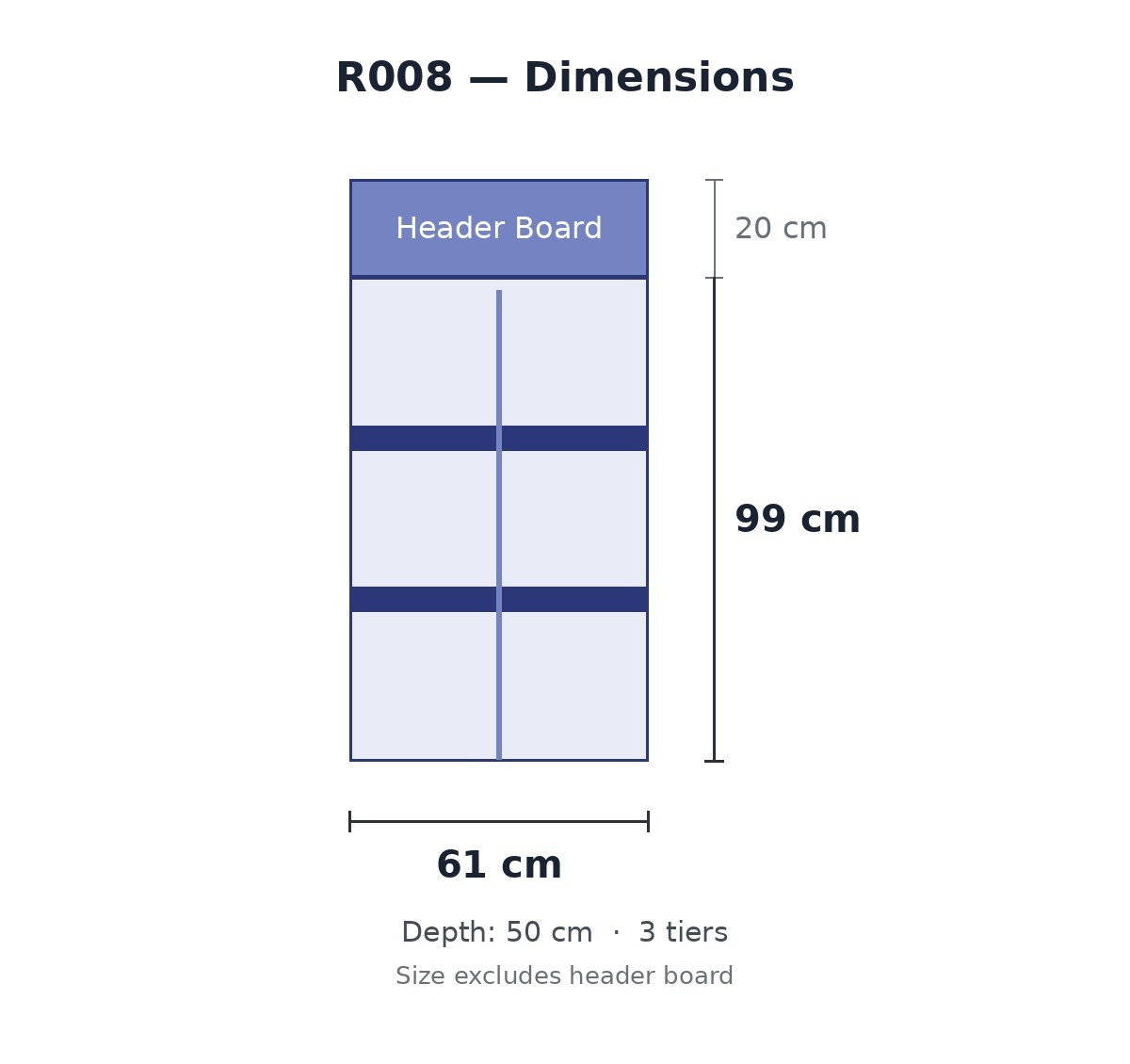 Dimension diagram of R008 small-batch floor display 61 by 50 by 99 cm